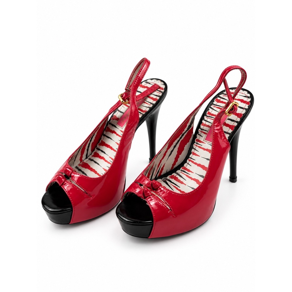 Betsey Johnson Vintage Y2K Red Patent Peep Toe Slingback Heels Women's Size 7.5